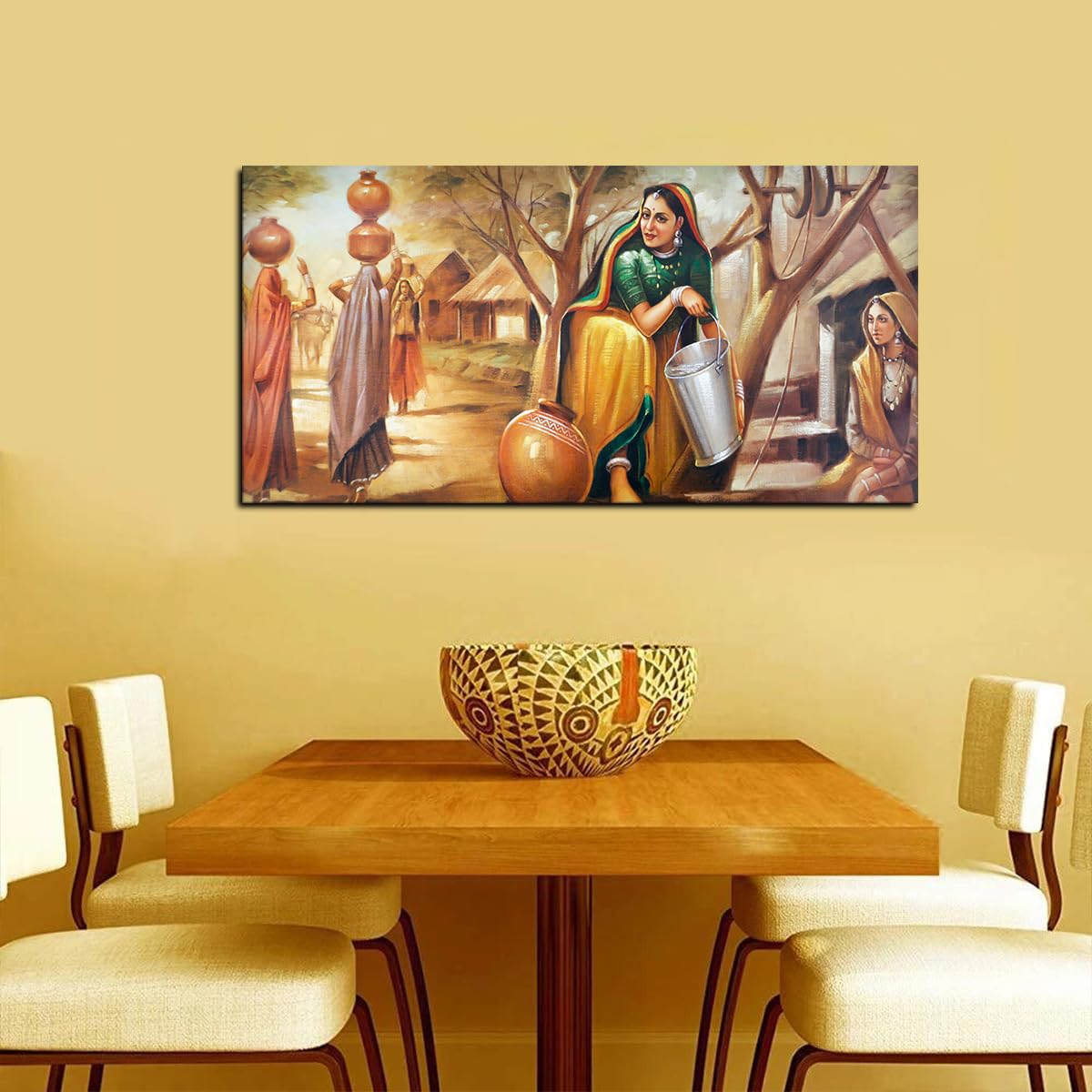 VIBECRAFTS Canvas Paintings for Living Room Drawing Room Canvas Rajasthani Art Woman Taking water from Well for Home|Office|Gift(PTVCH_2400NV)(48 x 24 Inches)