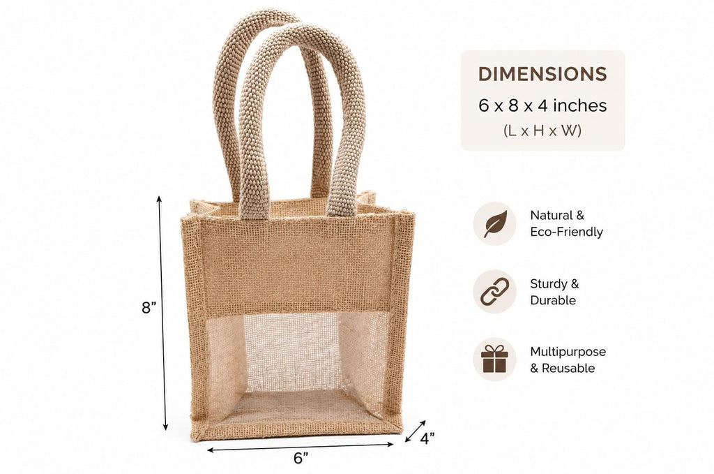 Small Jute Tote Bag with Mesh Window Panel, Natural Beige, Rope Handles, Gift Bag (Cream) Size -10 * 8 * 5