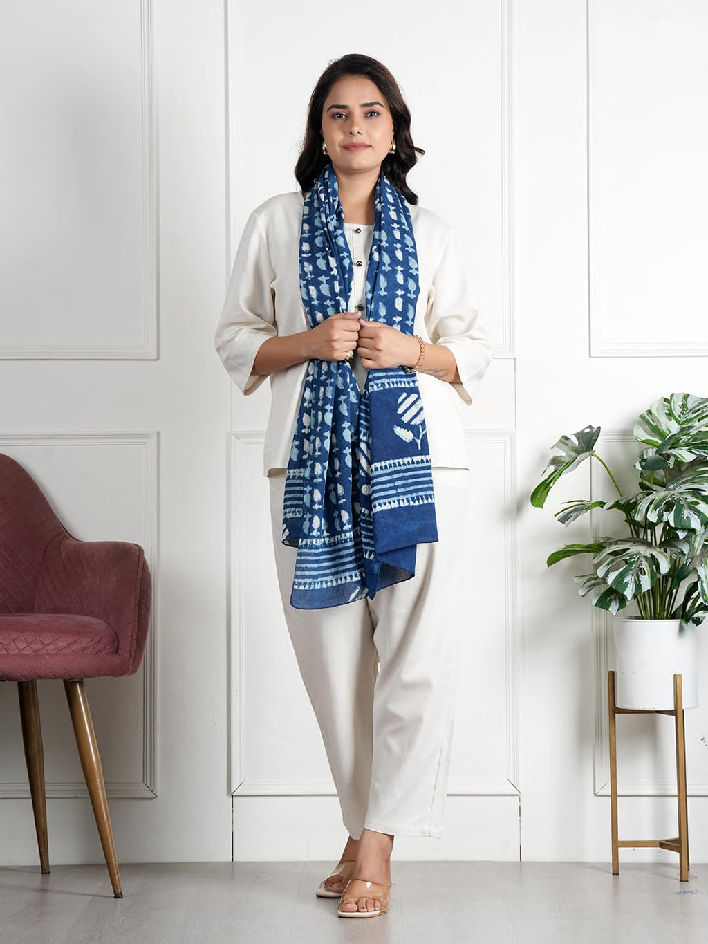 RAI SAHAB Printed Cotton Scarf for Women, Lightweight Soft Scarves Stoles for Summer & Winter(ST-80BLUE10)