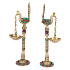 Artvarko Pair of Bird Peacock Hanging Chain Diya Oil Lamp Stand Brass Puja for Home Decor Temple Decorative Gift 9 Inches