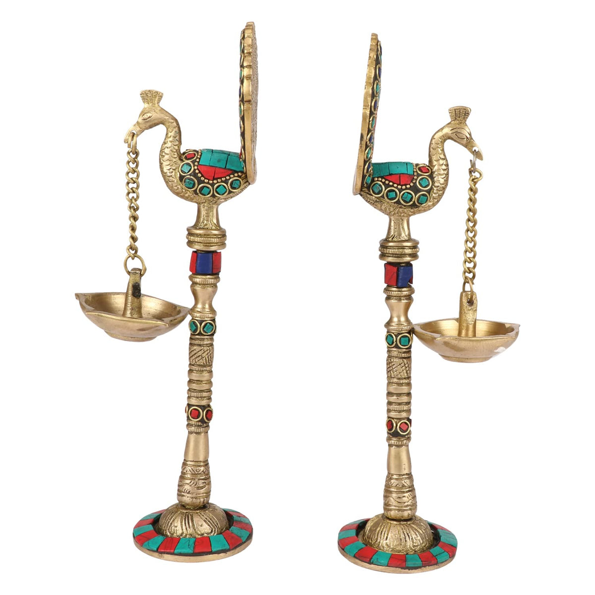 Artvarko Pair of Bird Peacock Hanging Chain Diya Oil Lamp Stand Brass Puja for Home Decor Temple Decorative Gift 9 Inches