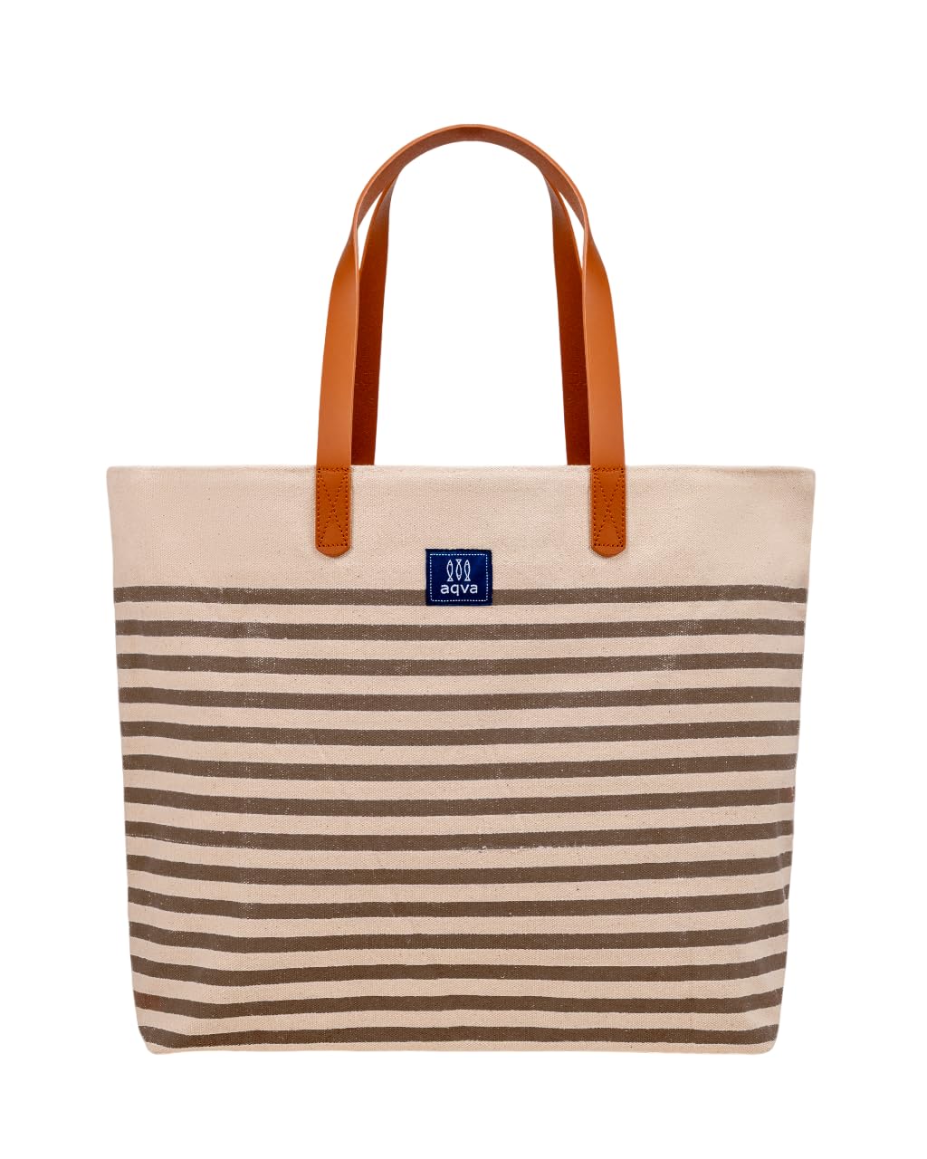 AQVA Striped Cotton Canvas Tote Bag for Women | Large Capacity | Stylish Multipurpose Shoulder Bag with Zipper and Inner Pockets | Hand Bag for Laptop, Office, Shopping, & Travel (Kraft)
