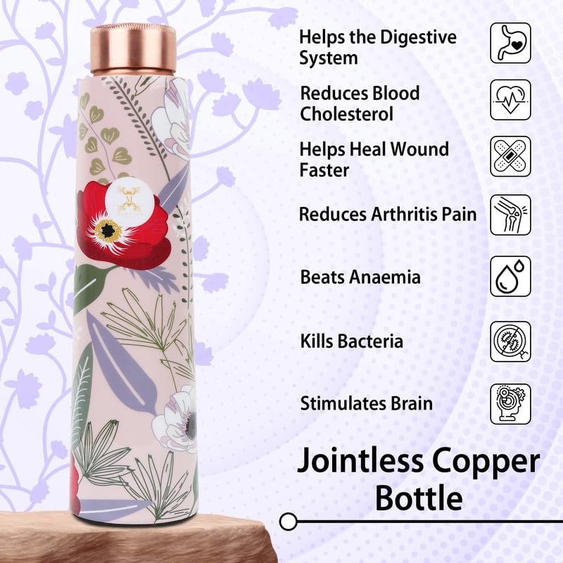 MERCAPE® Pure Copper Water Bottle 900 ml with Leak Proof Lid | Multi Color Floral Printed Designer Tamba Bottle for Home, Office, Gym & Travel | BPA Free Reusable Water Bottle for Daily Use