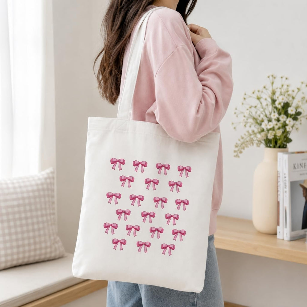 Adorvue Premium Reusable Cute Bows Printed Tote Bag Stylish Eco-Friendly Cotton Handbags, Canvas Bags for College, Shopping, Office, Travel, Grocery Runs, Beach Day and Casual Outing Pack of 2