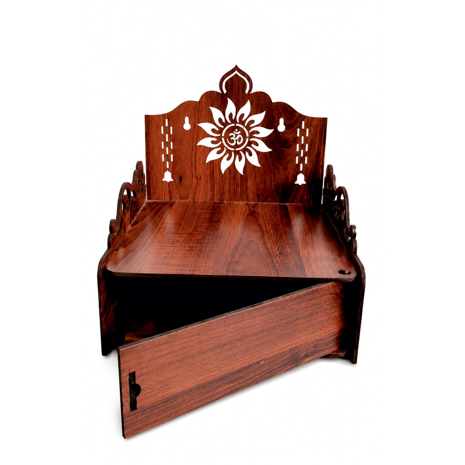 WRAPPING STUDIO Wooden Wall Mounted Home Temple for Pooja | Brown Laminated MDF Mandir with Om Cutwork Design | Decorative Prayer Shelf for Home, Office & Living Room (9 inch)
