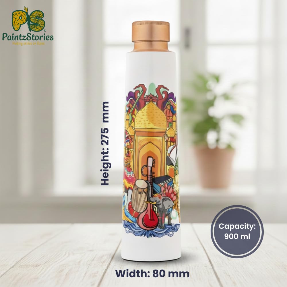 PAINTZSTORIES India's Rich Culture Meena Print Copper Water Bottle | Handcrafted Tamba Bottle | Premium Copper Water Bottle for Home Décor, Office, Travel & Gifting | 900 ml