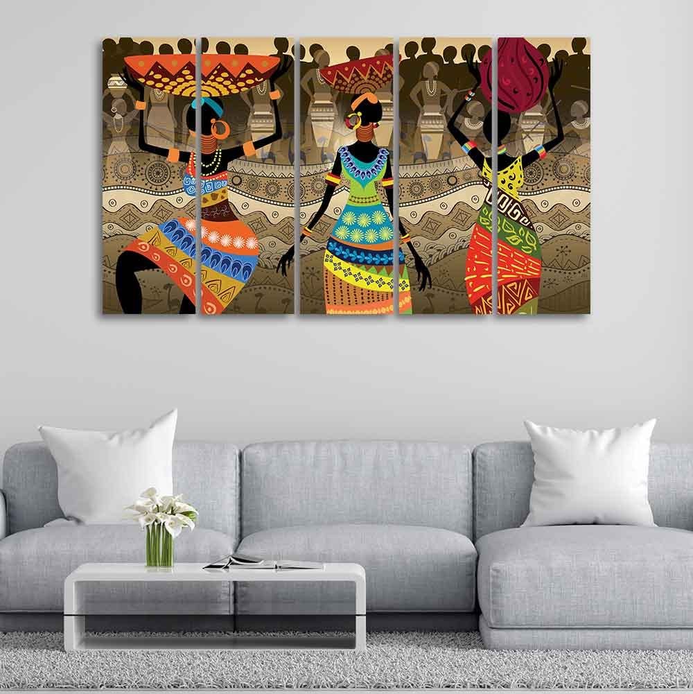 VIBECRAFTS Premium Canvas Wall Painting of African Warli Art Set of Five For Home|Office|Living Room|Gift (PTVC5Pcs4_8678N)