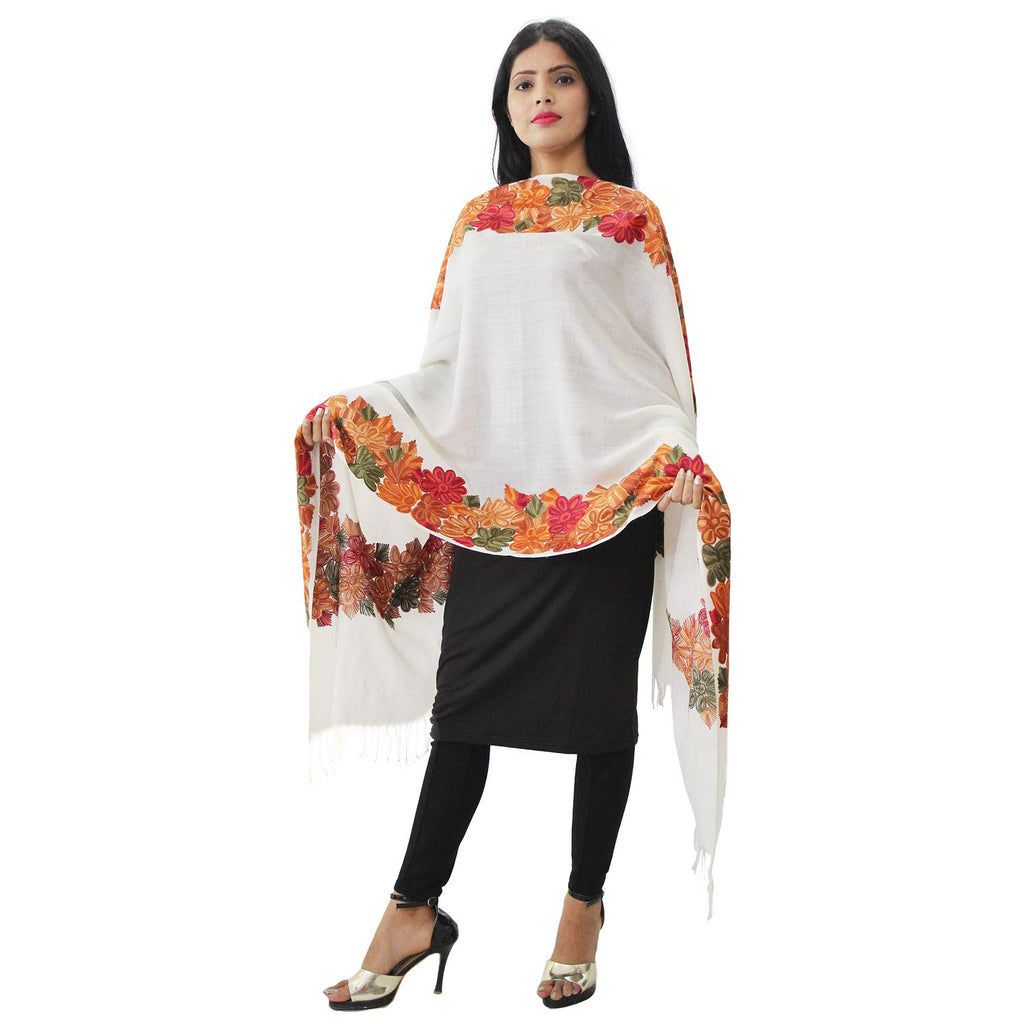 Matelco Women's White Woollen Shawl With Kashmiri Work Embroidery