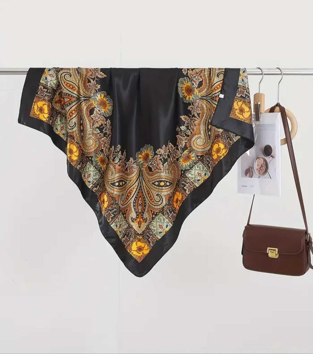 Silk Scarf Square, Paisley Floral Print with Sunflower Border, Black with Brown and Yellow Design, 28x28 cm, Luxury Neck Wrap