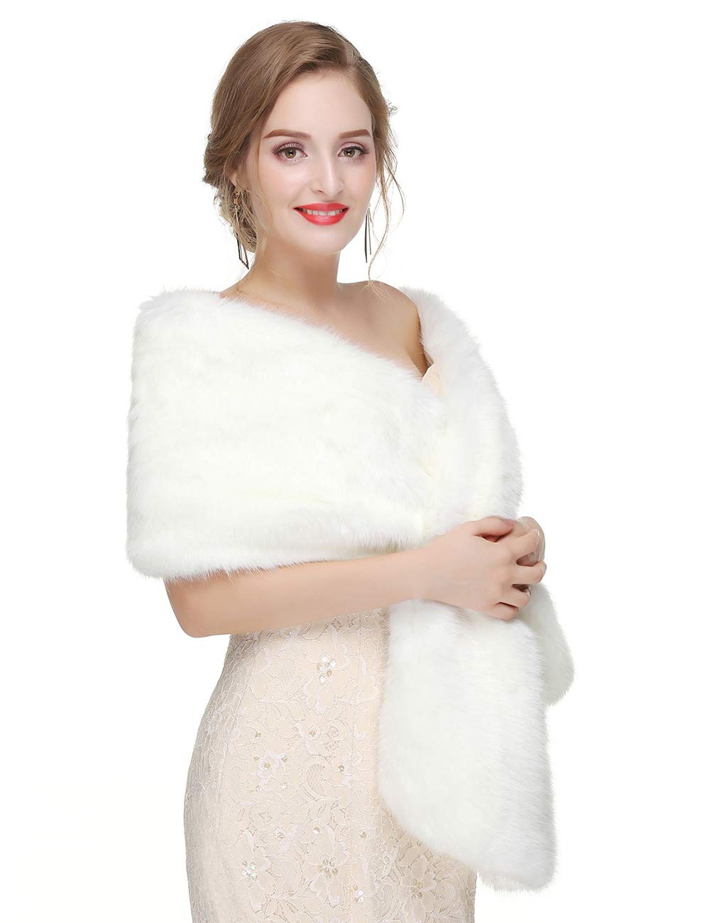 Anglacesmade Bridal Faux Fur Wrap Wedding Fur Stole with Brooch Evening Party Warm Shrug Cape, White, One Size