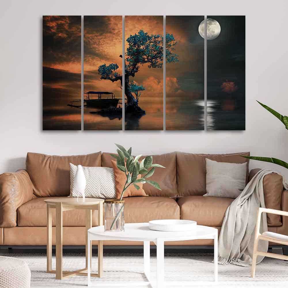 VIBECRAFTS Amazing Tree under The Moon Premium Wall Painting of Five Pieces For Home|Office|Living Room|Gift (PTVC5Pcs4_8715)