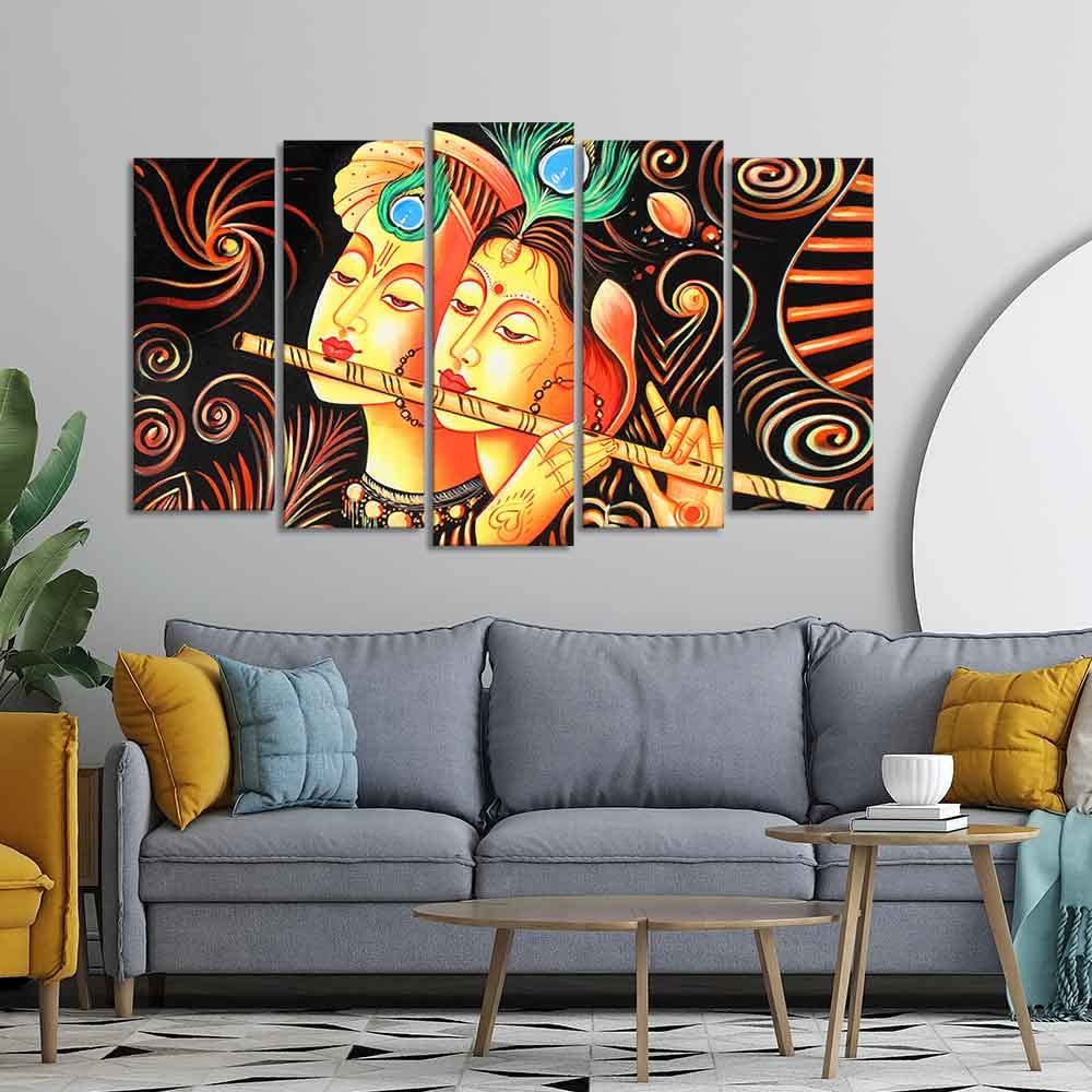 VIBECRAFTS Radha Krishna with Flute Set of Five Pieces Wall Painting For Home|Office|Living Room|Gift (PTVC5Pcs2_6577)