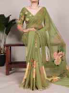 Femori Women's Georgette Floral Printed Saree, Aqua Blue with Pearl Border Detailing, Lightweight and Breathable (GREEN)