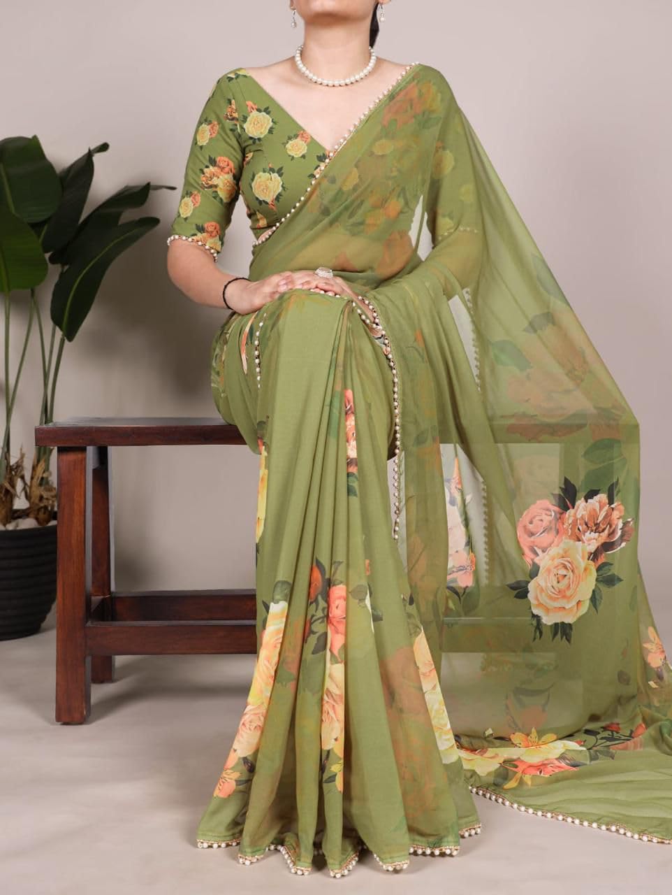 Femori Women's Georgette Floral Printed Saree, Aqua Blue with Pearl Border Detailing, Lightweight and Breathable (GREEN)