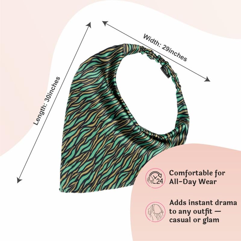 Hair Drama Co. Zebra Print Elastic Bandana Head Scarf for Women - Green | Silk Satin Head Wrap Bandana Scarves | Boho Style Statement All Day Wear Headband Scarves | Hair Scarf Accessories