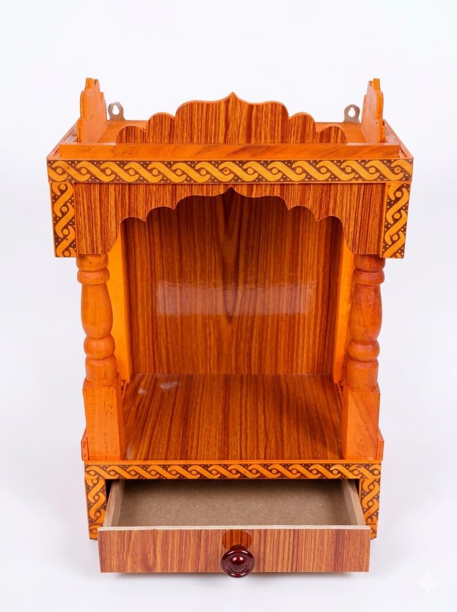 Handcrafted Wooden Mandir with Storage Drawer - Traditional Hindu Temple for Home and Office - Teak Finish Wall-Hanging Puja Shelf with Patterned Borders for Daily Prayer and Festivals.