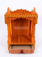 Handcrafted Wooden Mandir with Storage Drawer - Traditional Hindu Temple for Home and Office - Teak Finish Wall-Hanging Puja Shelf with Patterned Borders for Daily Prayer and Festivals.