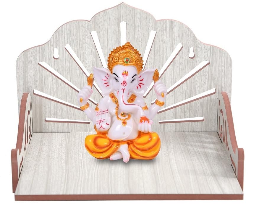 LNSTORE Wooden Wall Mounted Pooja Mandir for Home | Decorative Temple Shelf with Sun Ray Back Panel | Compact Prayer Stand for Idols & Pooja Accessories