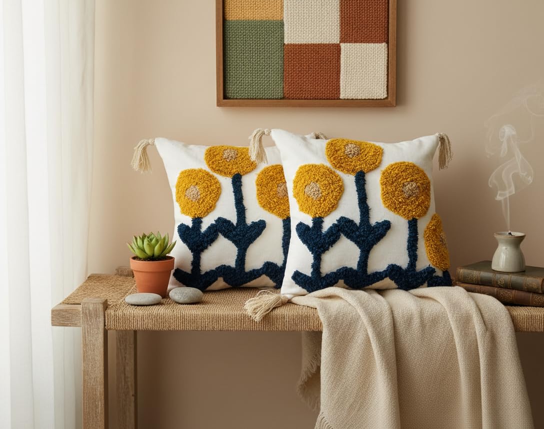 Furnistitchs Premium Decorative Throw Cushion Pillow Cover Boho Home Decor - Living Room Bedroom Couch Sofa Cushion Covers 16 inch x 16 inch (1, Cream Polka)