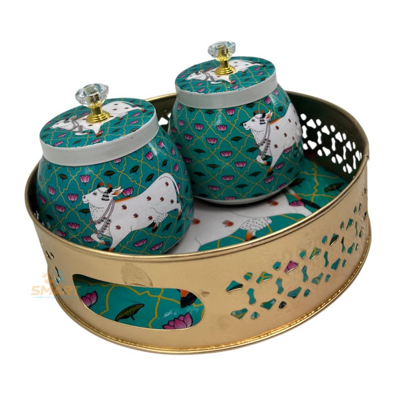 COOPTIC Handcrafted Multicolor Iron Pichwai Tray Set | Ethnic Decorative Trays for Serving, Festive Gifting & Home Décor | Storage jar for Dryfruits & Nuts (Single Green Cow)