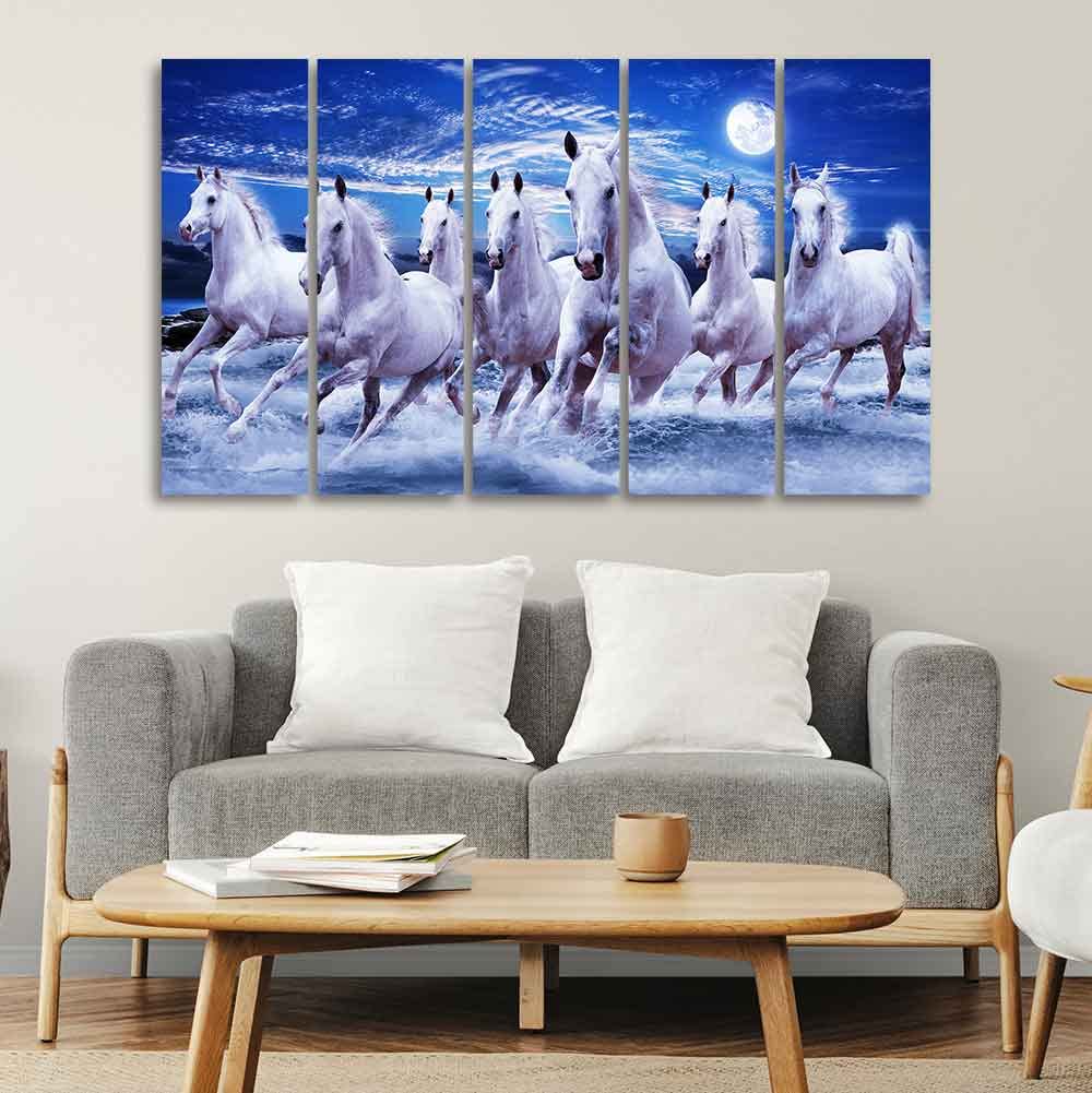 VIBECRAFTS Seven Running Horses in Water Canvas Wall Painting For Home|Office|Living Room|Gift (PTVC5Pcs4_8741)