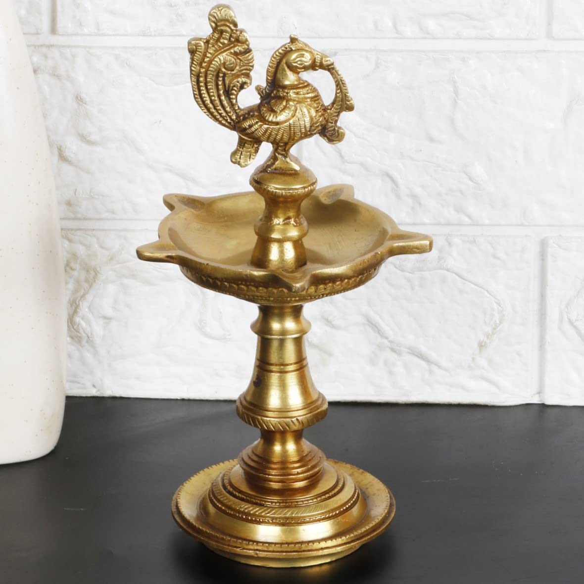 Artvarko Brass Bird Traditional Peacock 5 Wick Diya Oil Lamp Table Decor Diyas for Pooja Religious Diwali Gifts with Stand for Home Puja Temple Showpiece 8 Inch