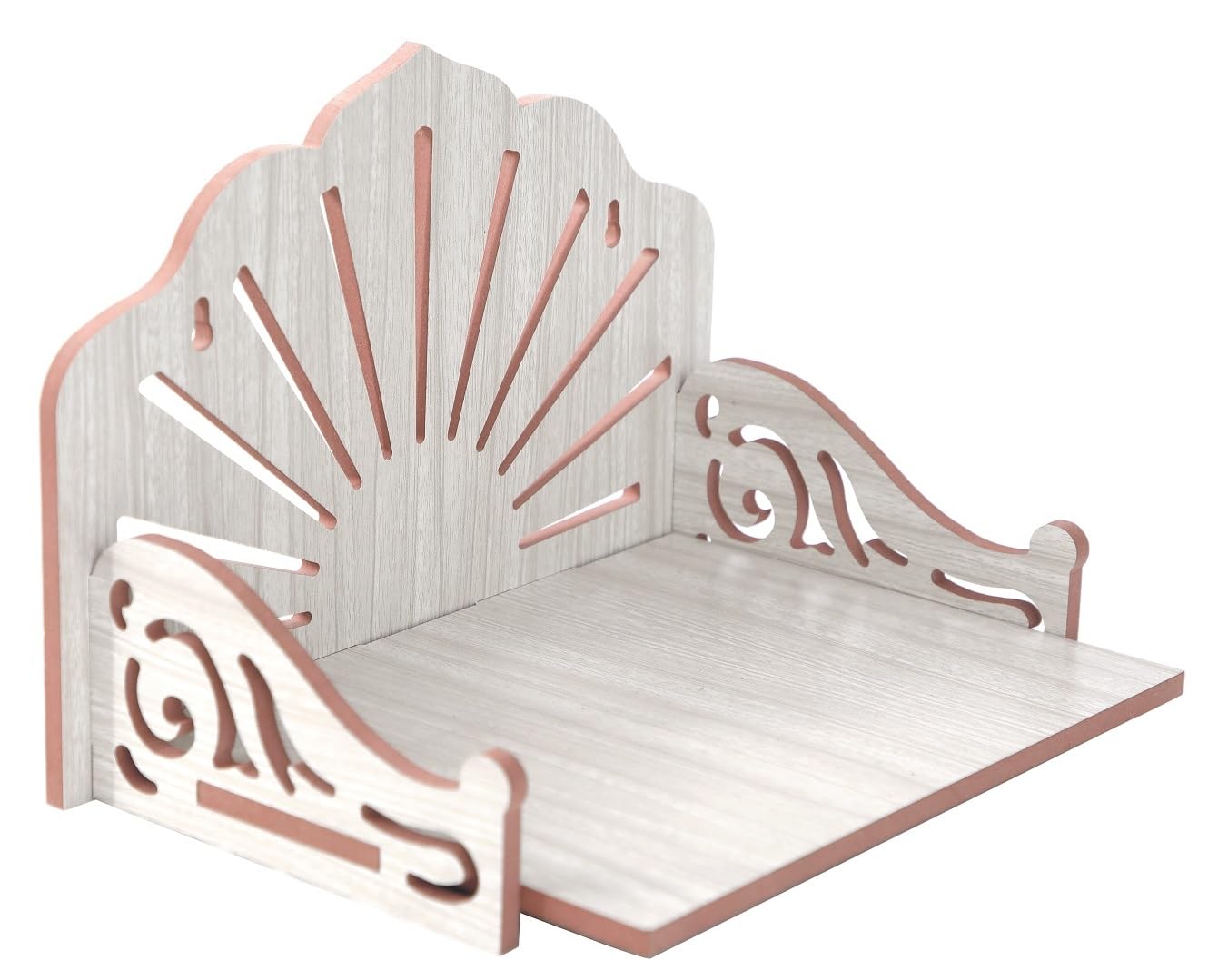 LNSTORE Wooden Wall Mounted Pooja Mandir for Home | Decorative Temple Shelf with Sun Ray Back Panel | Compact Prayer Stand for Idols & Pooja Accessories