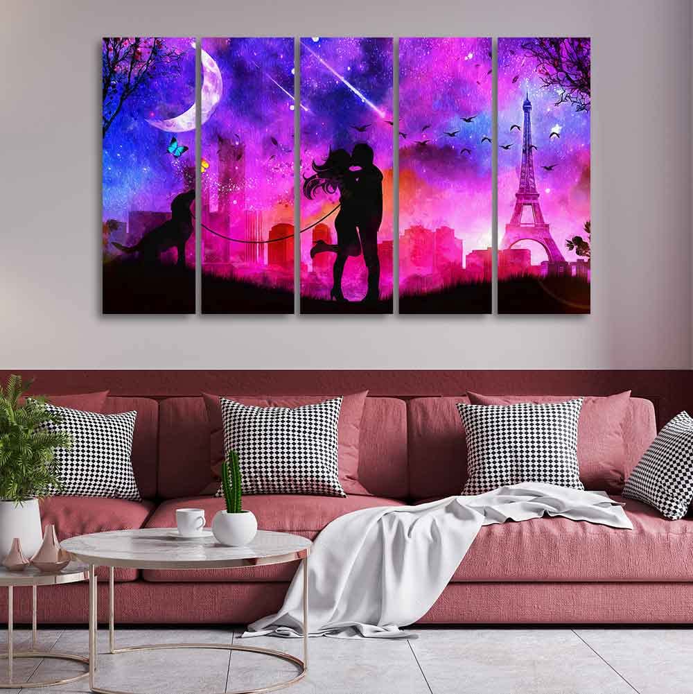 VIBECRAFTS Couple Kissing Modern Abstract Art Wall Painting of Five Pieces For Home|Office|Living Room|Gift (PTVC5Pcs4_8688)