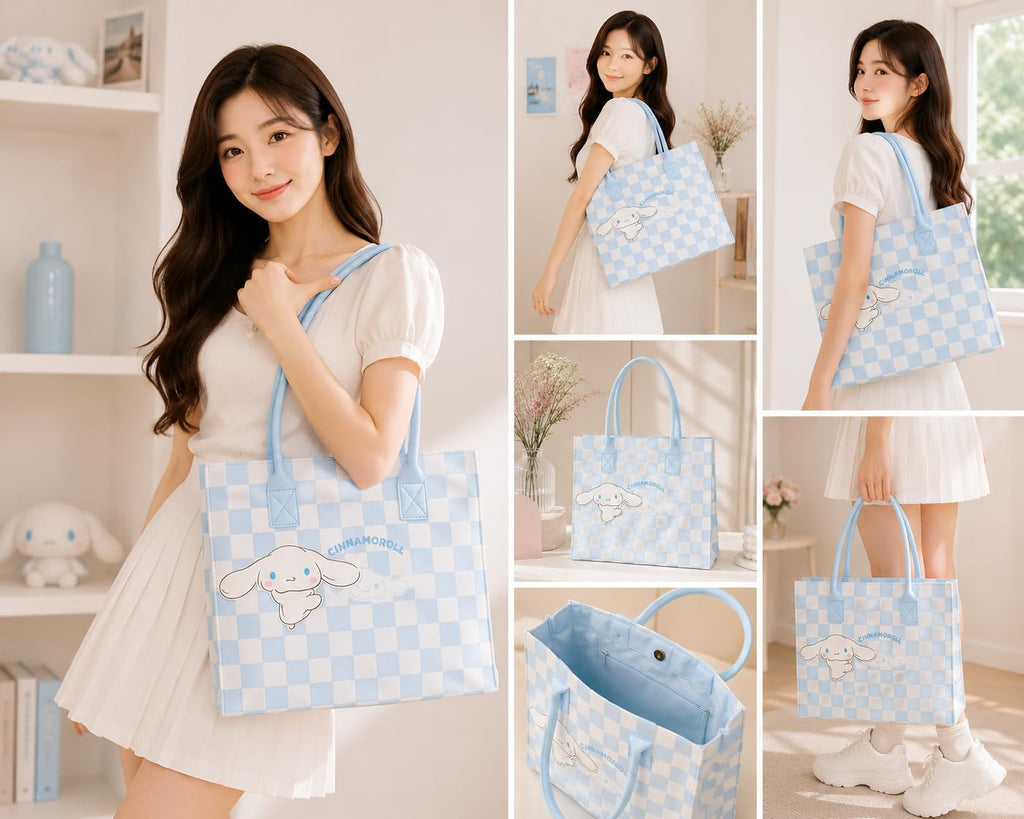 THE CUTE CRAZE New Cartoon Felt Tote Bag – Large Capacity Lightweight Shoulder Bag for Shopping, College & Daily Use (BLUE)