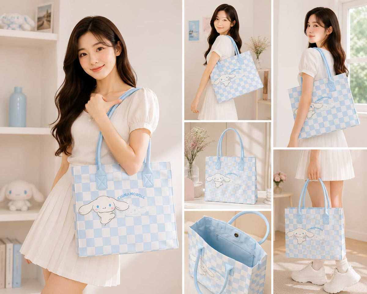 THE CUTE CRAZE New Cartoon Felt Tote Bag – Large Capacity Lightweight Shoulder Bag for Shopping, College & Daily Use (BLUE)