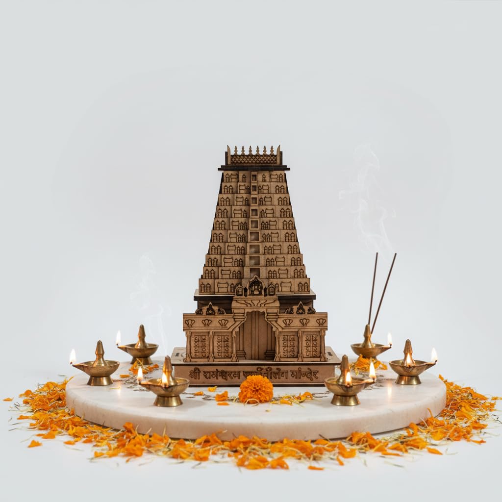 QUEENS CANVAS Rameshwaram Temple Wooden 3D Model – 10 Inch Decorative Mandir Replica for Home, Office & Gifting