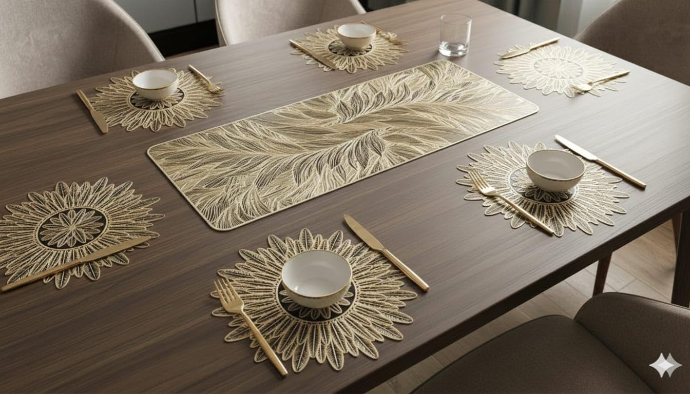 Combo Table Mat and Table Runner Set for Dining Table |Complete Table Cover Set for Plates & Cutlery |Suitable for Home and Everyday Use (Combo Imperial Charcoal Table mat Combo, 8 pcs + 1 Runner) Kafalo