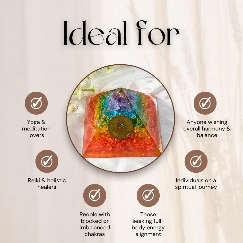 CALMINDS 7 Chakra Crystal Pyramid for Positive Energy, Natural Healing Crystal Pyramid with Feng Shui Coin, Reiki Charged Vastu Decor for Home Office Meditation Yoga Gift