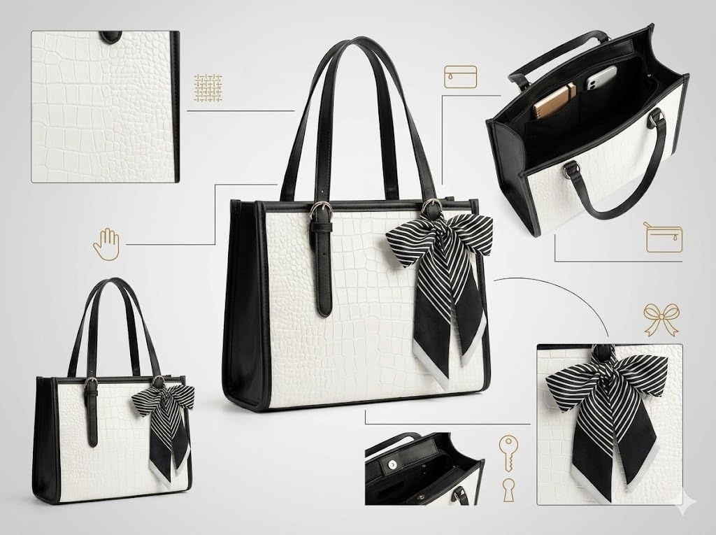 Pavilonn Women Handbag PU Leather Tote Purse Stylish Shoulder Office Bag Black Structured Croco Pattern Ladies Fashion Shopping Handbag Daily Use College Gift (BLACK AND WHITE)