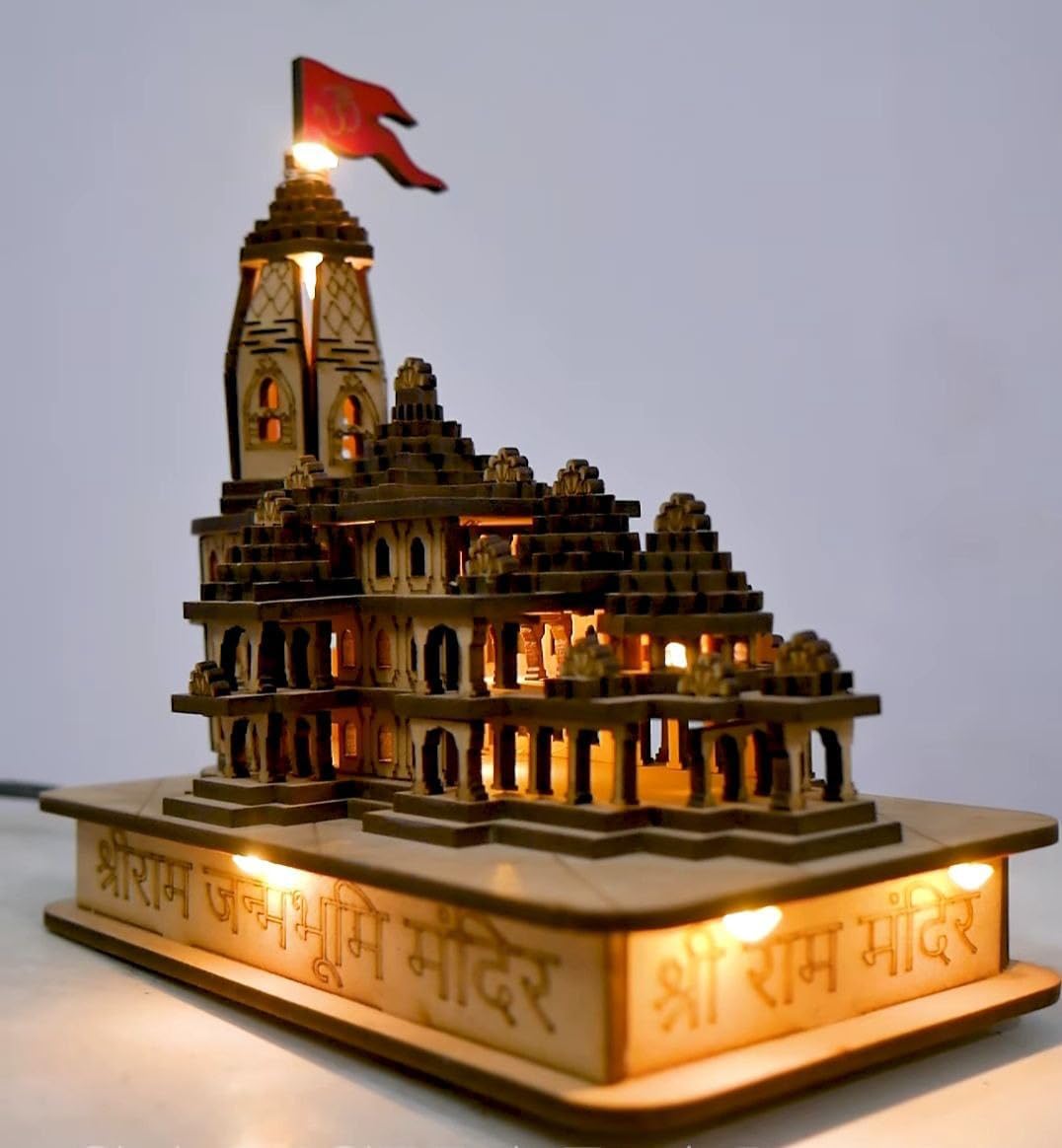 Wooden Ram Mandir Ayodhya 3D Model, Handcrafted MDF Wood Temple with Light, Religious Home Decor, Ideal for Home & Mandir Decorate,Gitf Item Size: 6X4 Inch, 1 Pc
