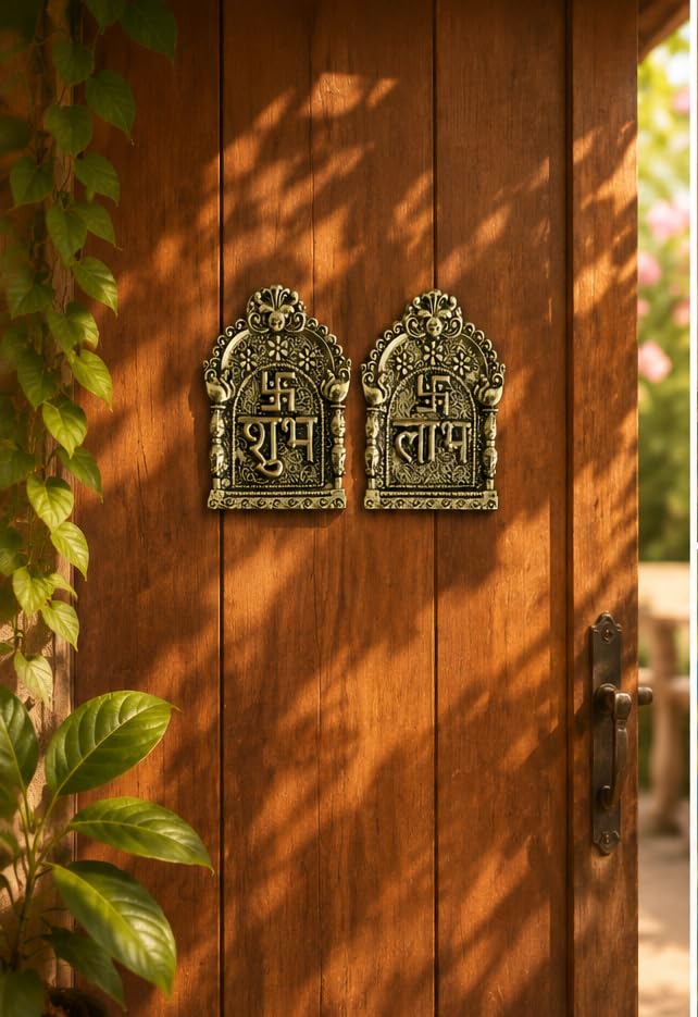 KridayKraft Shubh Labh Wall Hanging Pair | Antique Gold Finish Religious Idol for Main Door, Home Decor, Diwali Puja, Housewarming & Gifting.