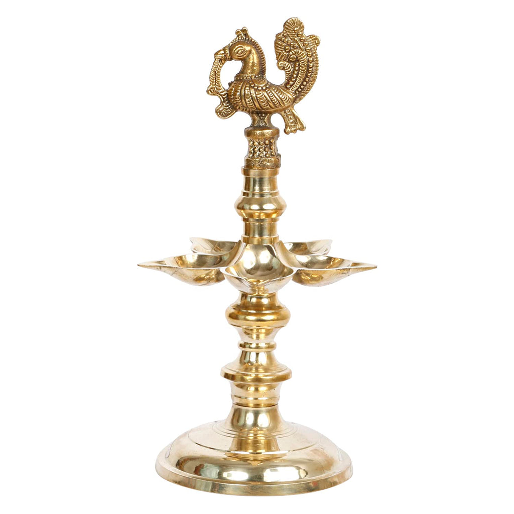 ARTVARKO Brass Bird Traditional Peacock 5 Wick Diya Oil Lamp Table Decor Diyas for Pooja Religious Diwali Gifts with Stand for Home Puja Temple Showpiece 12 Inch