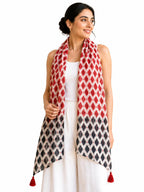 ESTA Women Scarf|Stole For Women|Scarf For Women Stylish|Stall For Women|Modern chic Face Cover Head Wrap |Ikat Inspired Printed Tassel Stole red .black color|180x50cm