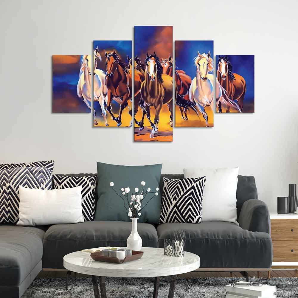 VIBECRAFTS Seven Horses Five Pieces Premium Canvas Wall Painting For Home|Office|Living Room|Gift (PTVC5Pcs1_5528)