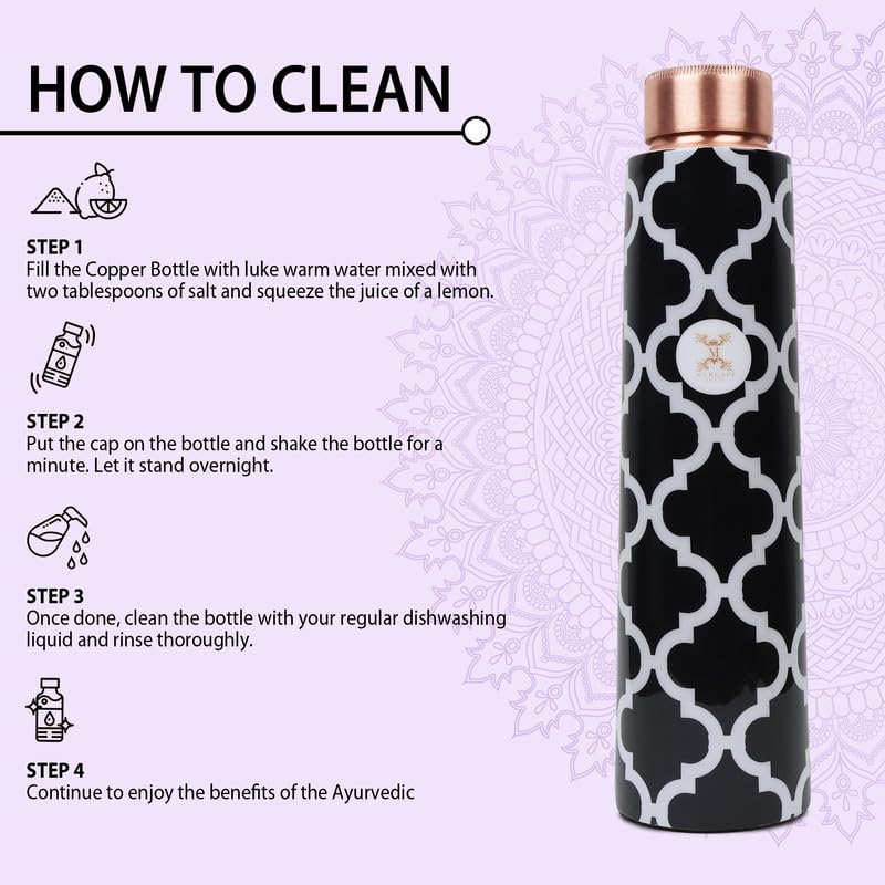 MERCAPE Pure Copper Water Bottle 900 ml with Printed Design | Jointless Construction | Leak-Resistant Screw Cap | Reusable Copper Bottle for Home, Office, Gym & Travel