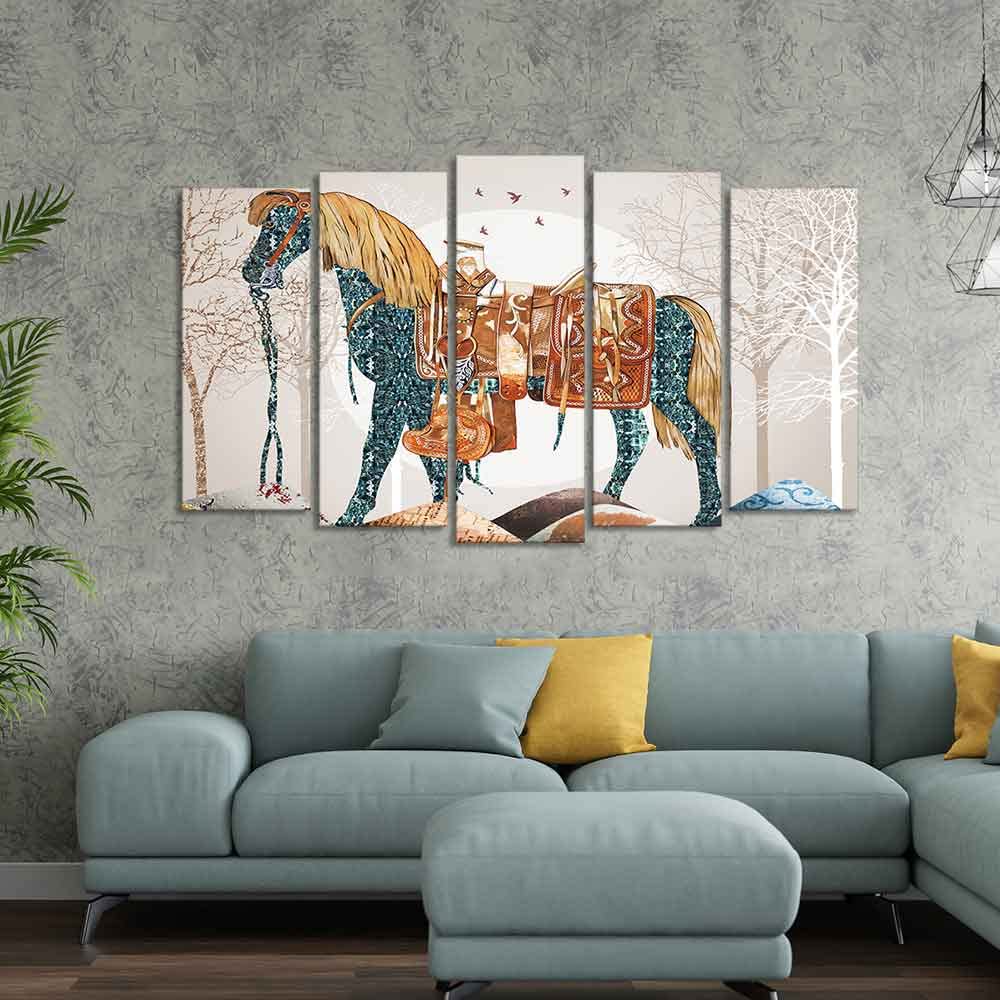 VIBECRAFTS Premium Wall Painting of Patterned Horse of Five Pieces For Home|Office|Living Room|Gift (PTVC5Pcs2_6632)
