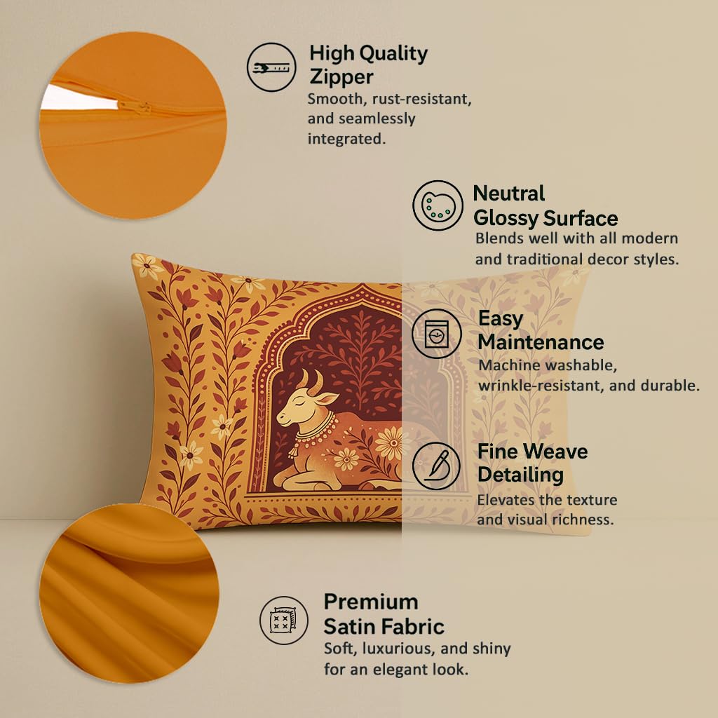STITCHNEST Satin Cushion Covers Traditional Cow and Floral Design in Rajasthani Style, 12x18 Inch, Pack of 2 for Spiritual & Artistic Living Room Decor