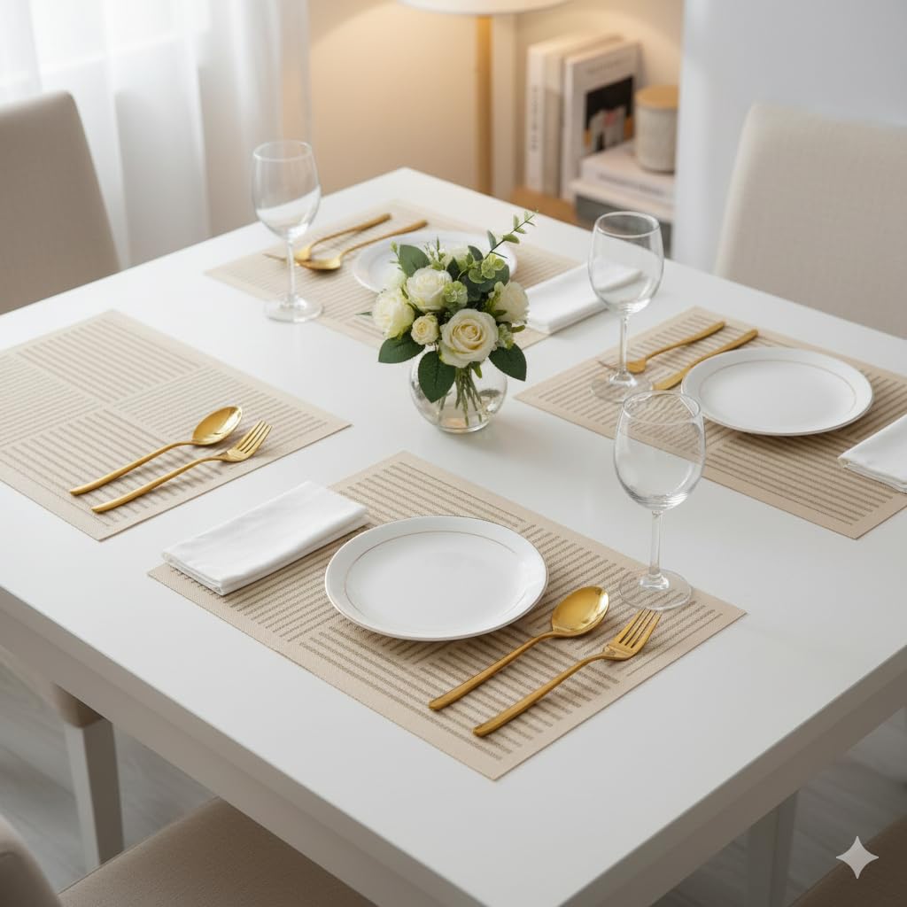 YELONA Leather Dining Table Placemats Set of 4 – Waterproof, Heat Resistant, Anti-Slip, Easy to Clean Table Mats for Dining Table, Kitchen & Home Décor (Tan Beige, 40 x 30 cm) Kafalo