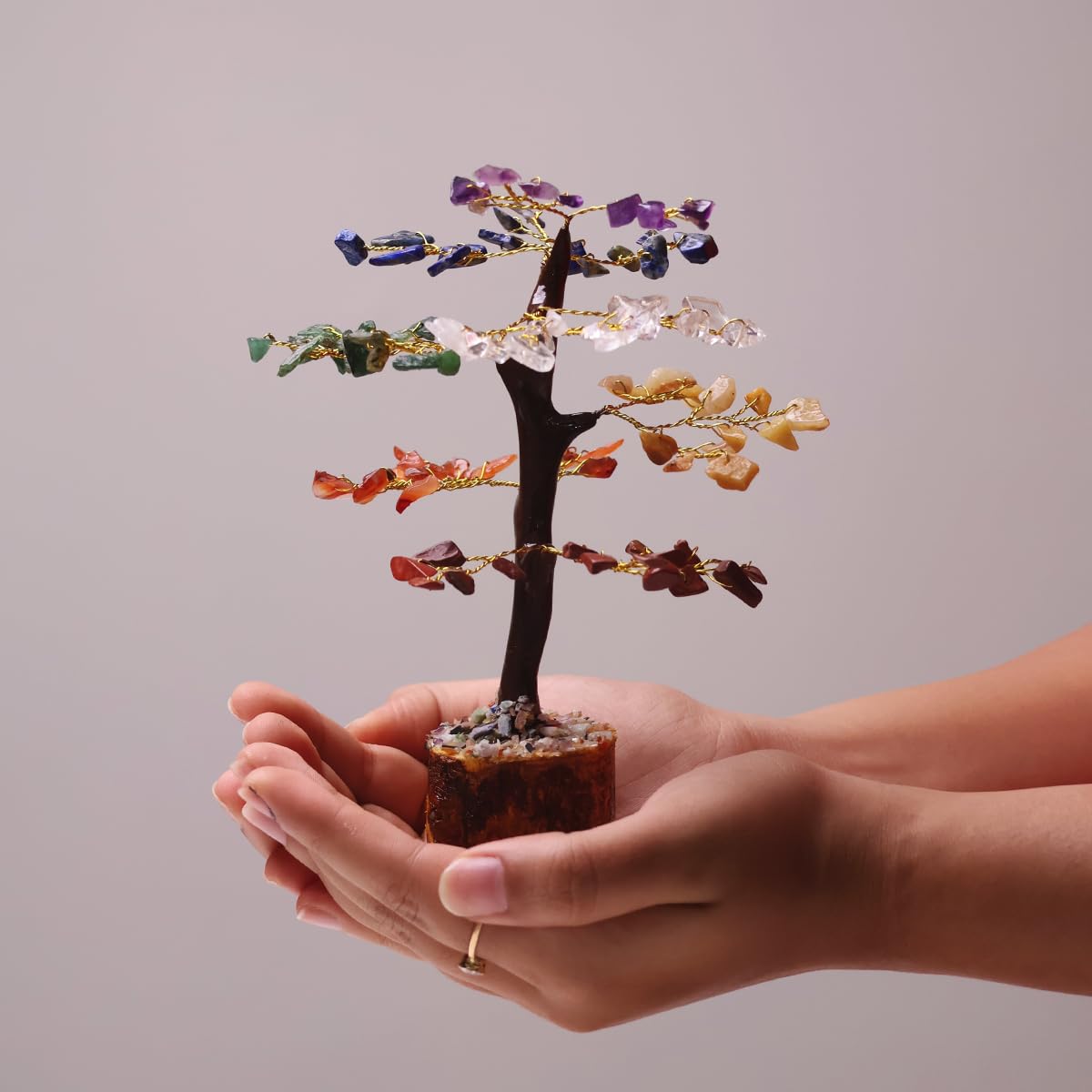 Shubhanjali 7 Chakra Tree 100 Beads M-Seal for Home Decoration | Crystal Tree for Positivity Goodluck | Gemstones | Feng Shui Stone Tree for Living Room, Office Desk & Hall Decor | Gift