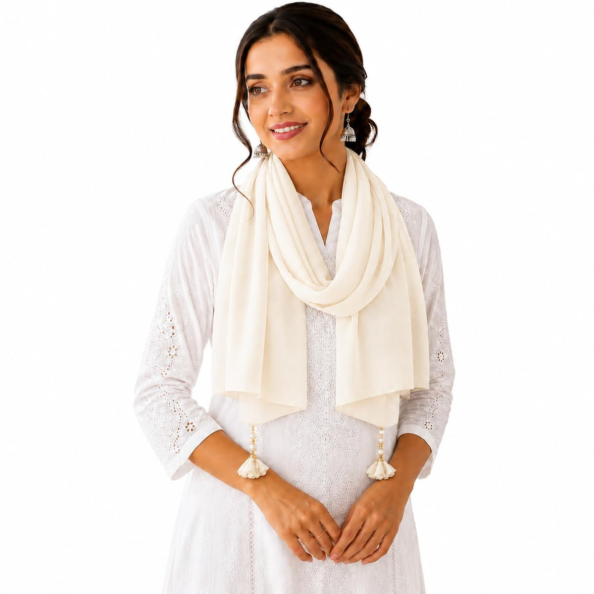 Women’s Chiffon Scarf Soft Lightweight Premium Stoles for Girls & Women | Stylish Modest Wear Dupatta for Daily & Party Use (Beige White)