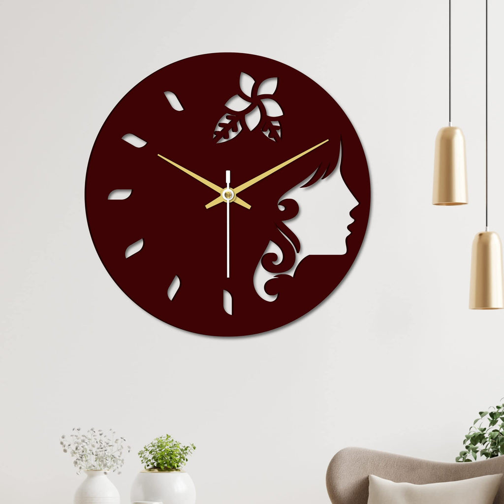 VIBECRAFTS Girl's Face in Wooden Wall Clock for Home Decor, Office, Living Room, Bedroom, Gift (WWCVC1Pcs_10006)