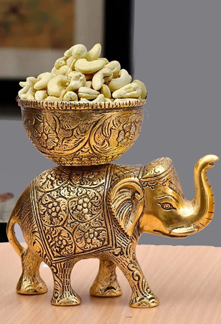 KridayKraft Metal Elephant Dry Fruit Bowl Showpiece Gold Polish for Your Home,Office Table & Gift Article,Animal Decorative Showpiece Figurines.