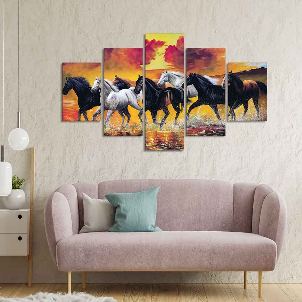 VIBECRAFTS Running Seven Horses Wall Painting Five Pieces For Home|Office|Living Room|Gift (PTVC5Pcs1_5527)