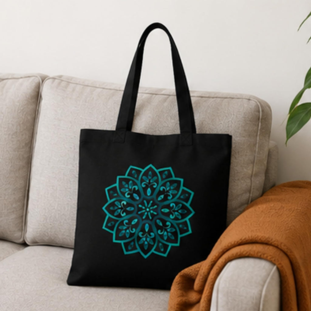 Adorvue New Launch Black Canvas Tote Bag for Women with Floral Mandala Print | Cotton Shoulder Bag | Reusable Eco-Friendly Shopping Tote | Large 14x16 Inch Bag for College, Office, Travel & Daily Use