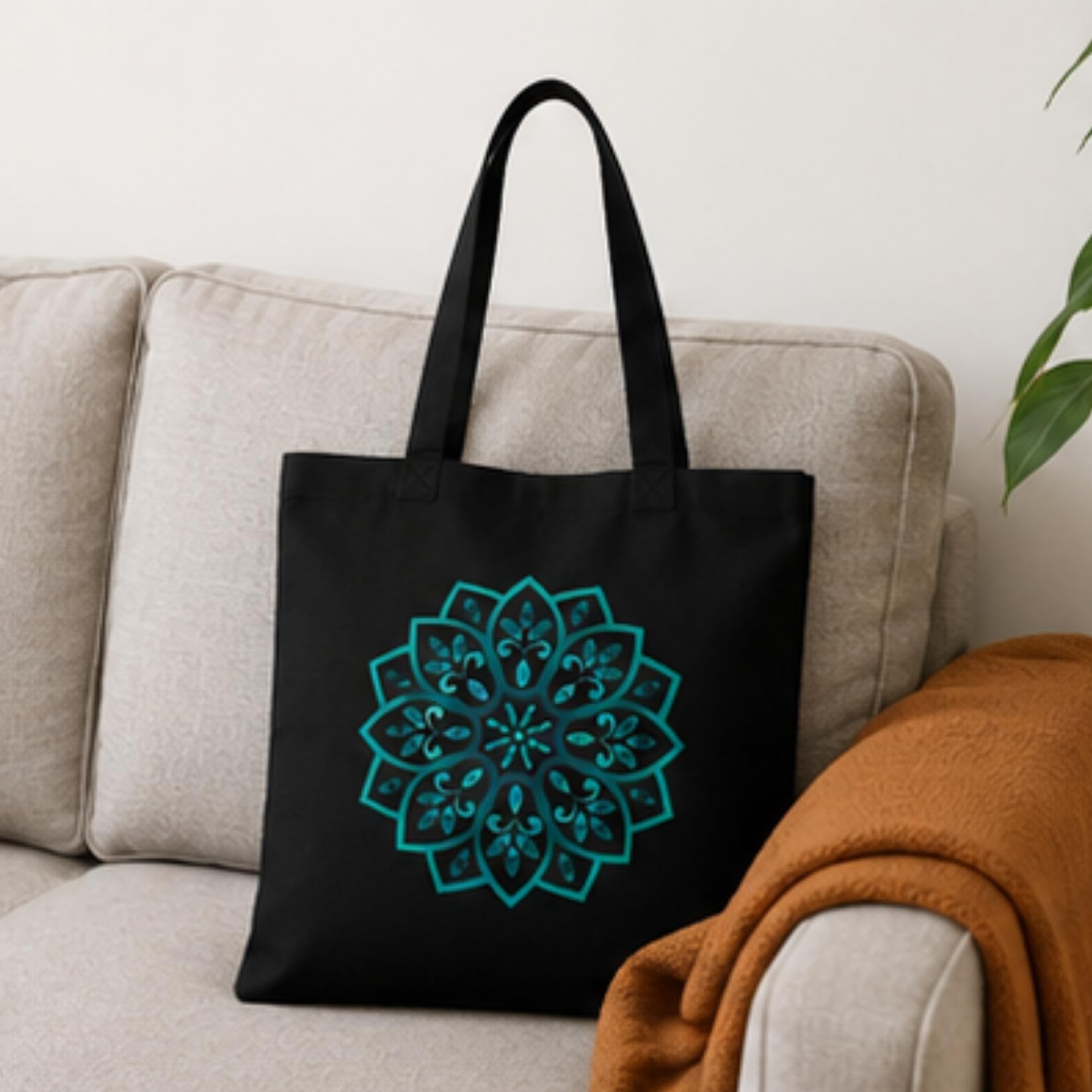 Adorvue New Launch Black Canvas Tote Bag for Women with Floral Mandala Print | Cotton Shoulder Bag | Reusable Eco-Friendly Shopping Tote | Large 14x16 Inch Bag for College, Office, Travel & Daily Use